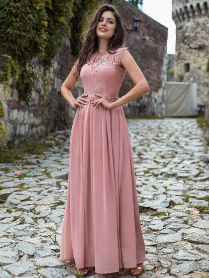 Elegant A-Line Lace-Embellished Crew Neck Cap Sleeve Zip Back Maxi Evening Dress