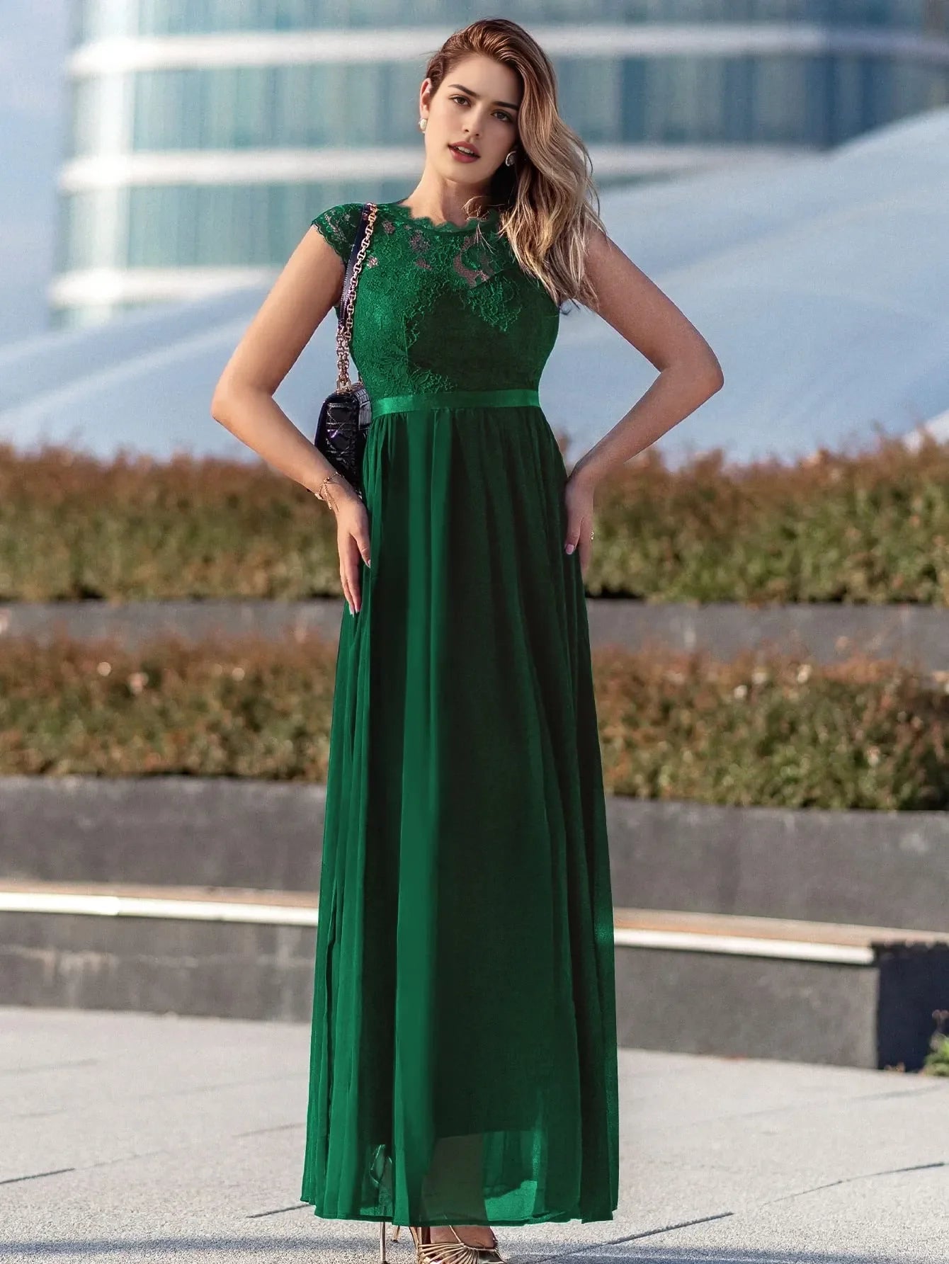 Elegant A-Line Lace-Embellished Crew Neck Cap Sleeve Zip Back Maxi Evening Dress
