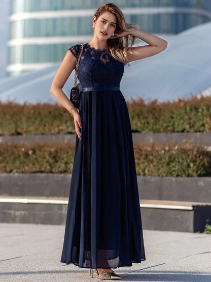 Elegant A-Line Lace-Embellished Crew Neck Cap Sleeve Zip Back Maxi Evening Dress