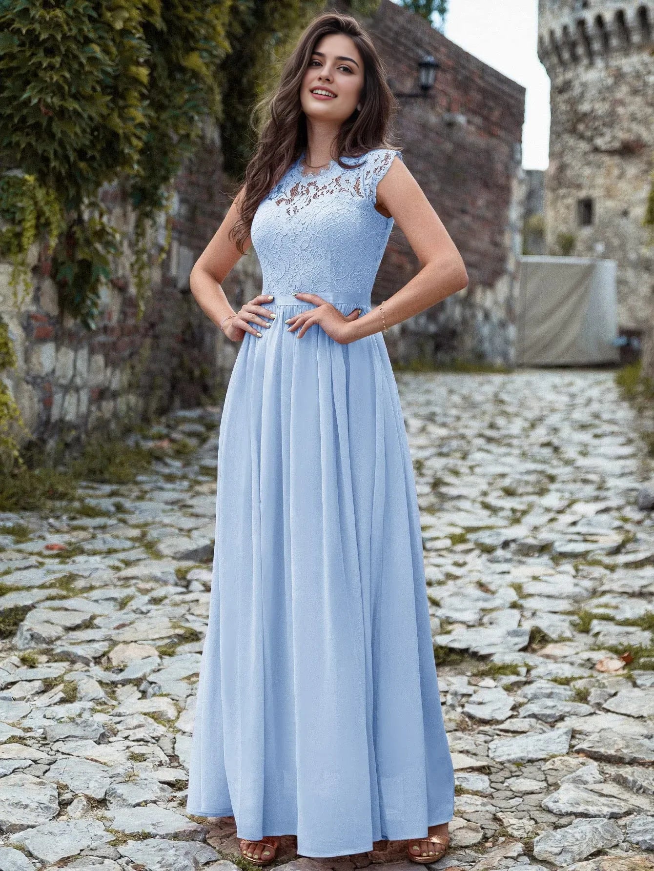 Elegant A-Line Lace-Embellished Crew Neck Cap Sleeve Zip Back Maxi Evening Dress