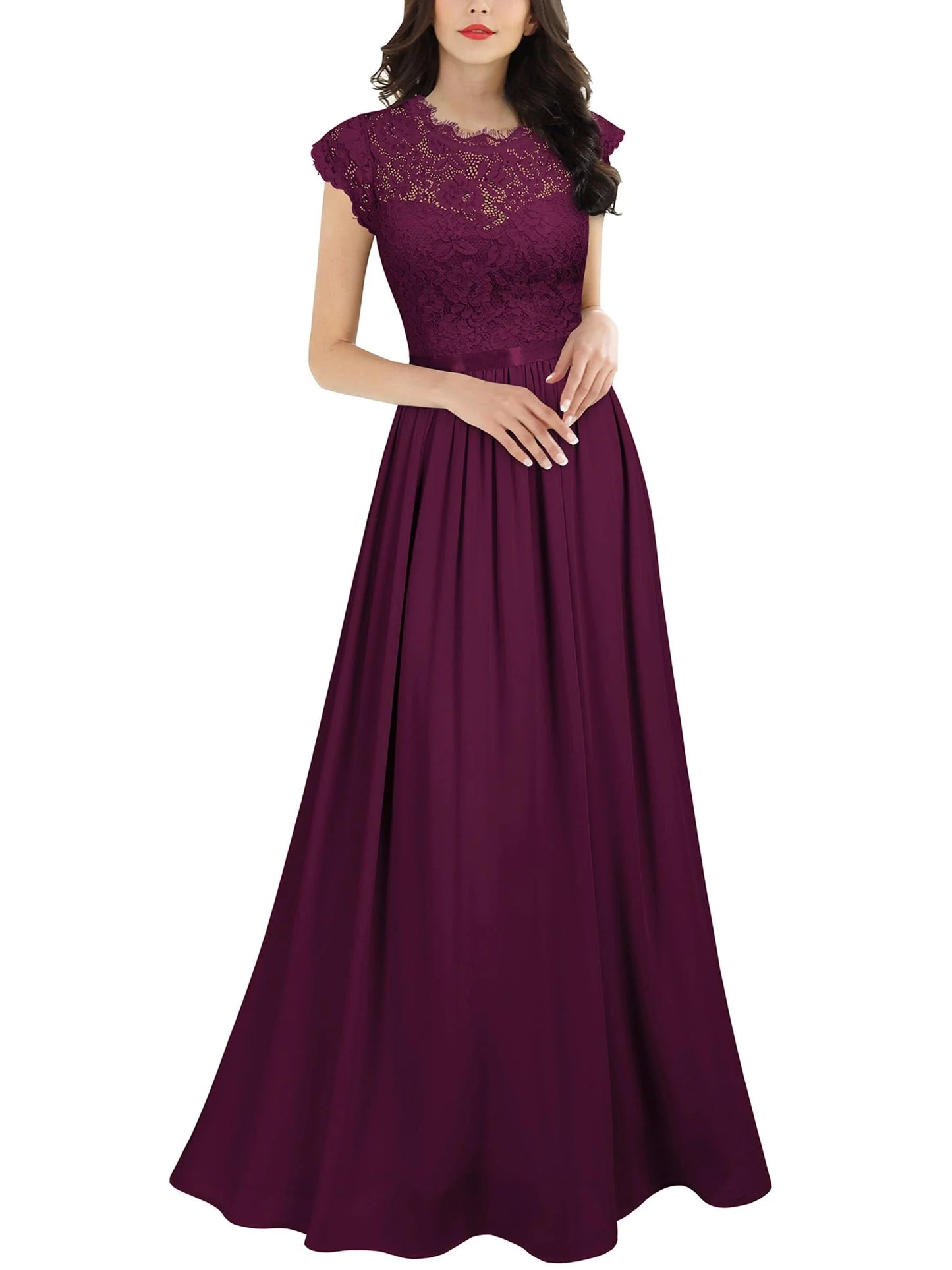 Elegant A-Line Lace-Embellished Crew Neck Cap Sleeve Zip Back Maxi Evening Dress