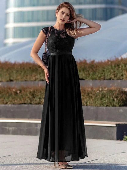 Elegant A-Line Lace-Embellished Crew Neck Cap Sleeve Zip Back Maxi Evening Dress