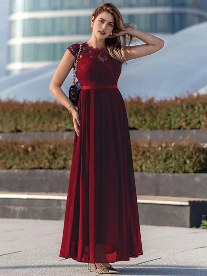Elegant A-Line Lace-Embellished Crew Neck Cap Sleeve Zip Back Maxi Evening Dress