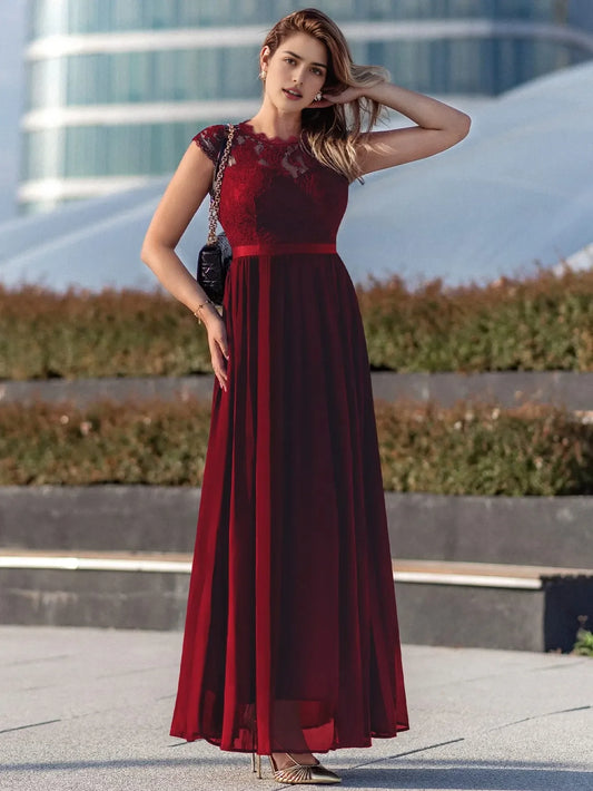 Elegant A-Line Lace-Embellished Crew Neck Cap Sleeve Zip Back Maxi Evening Dress