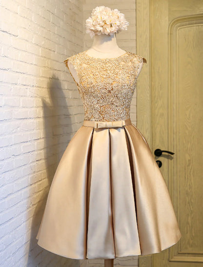 Close-up of the lace bodice and satin skirt of the knee-length dress.