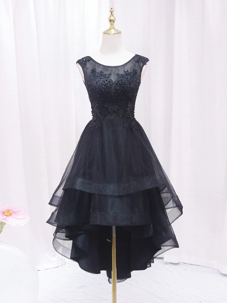 Black A-line high-low cocktail dress with lace bodice and tulle skirt.