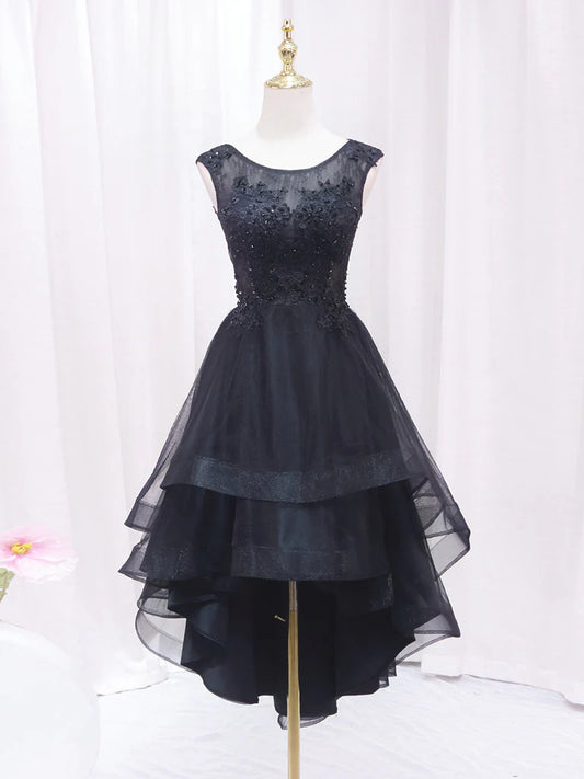 Black A-line high-low cocktail dress with lace bodice and tulle skirt.