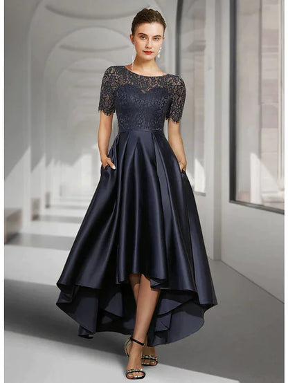 Elegant A-Line Mother of the Bride dress with jewel neck, short sleeves, asymmetrical lace, and pleats.