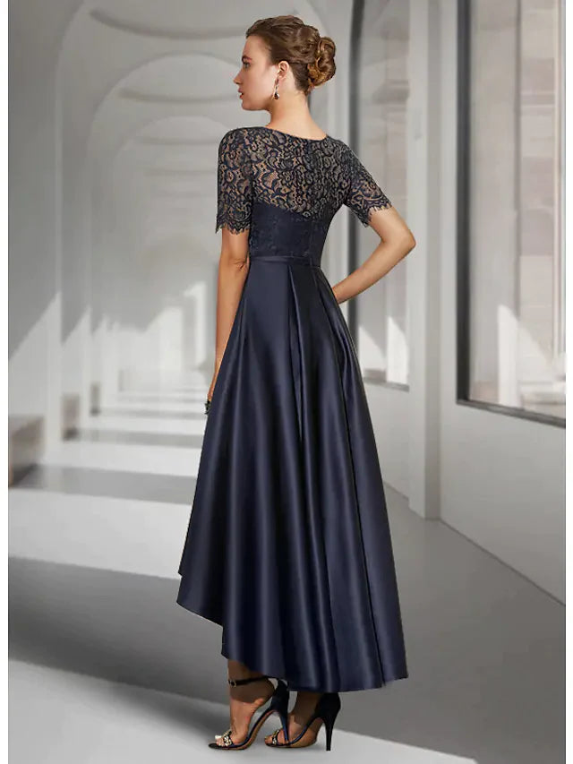 Back view of the A-Line Mother of the Bride dress, highlighting satin fabric and pleats.