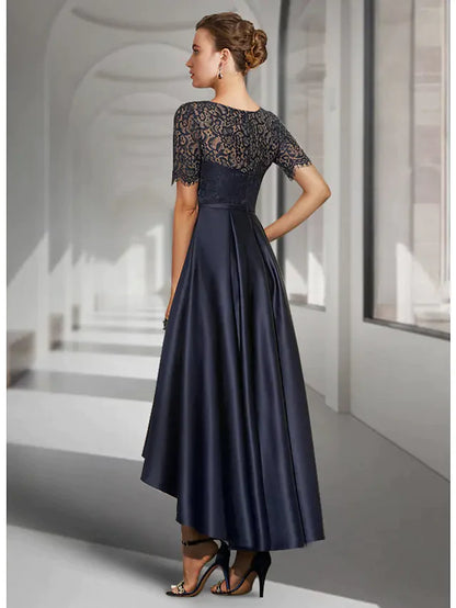 Back view of the A-Line Mother of the Bride dress, highlighting satin fabric and pleats.