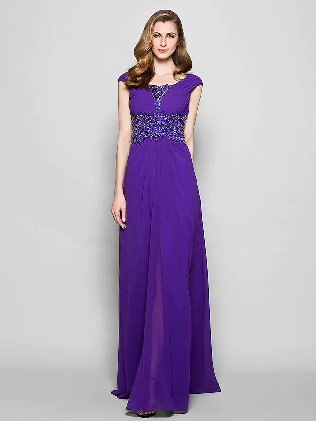 Elegant A-line mother of the bride dress with scoop neck and crystal embellishments.