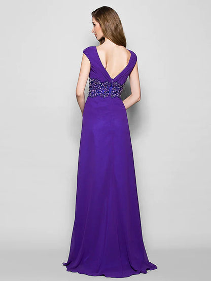 Side view of the sleeveless satin georgette A-line gown.