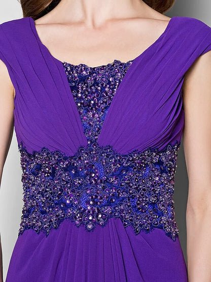 Back view of the formal A-line dress with delicate appliques.