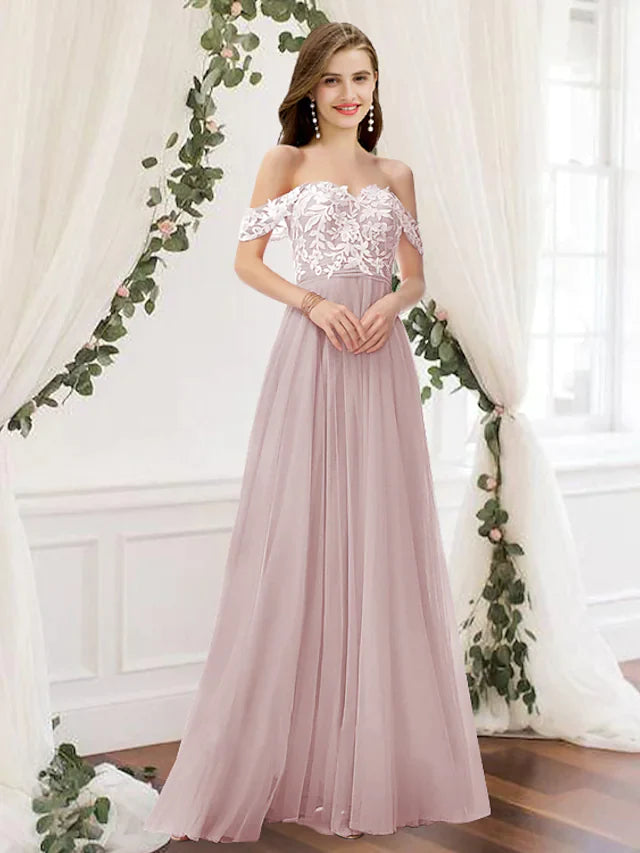 Model wearing a light blue A-line off-shoulder bridesmaid dress with lace and pleats.