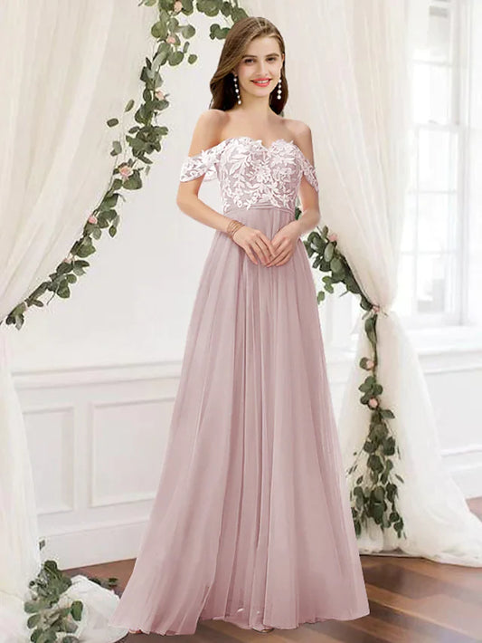 Model wearing a light blue A-line off-shoulder bridesmaid dress with lace and pleats.