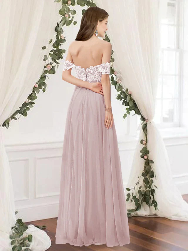 Back view of the light blue A-line off-shoulder bridesmaid dress, showing flowing chiffon and pleats.