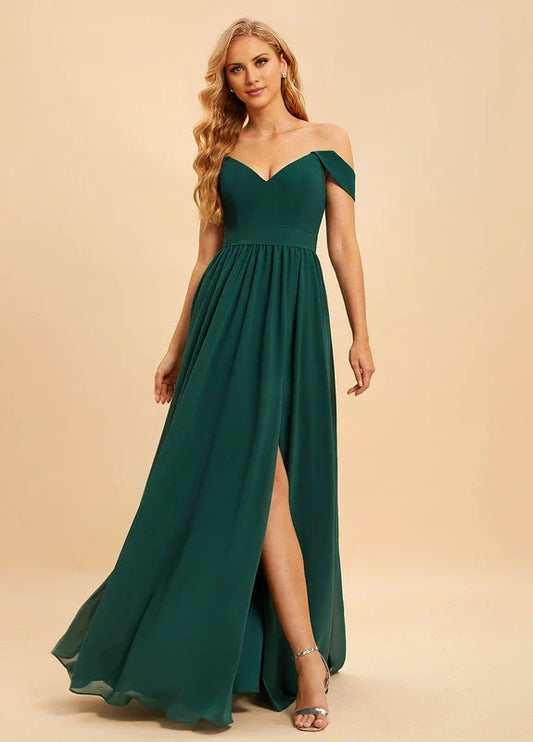 Elegant A-Line Off-Shoulder Deep V-Neck Chiffon High-Slit Bow Back Maxi Evening Dress