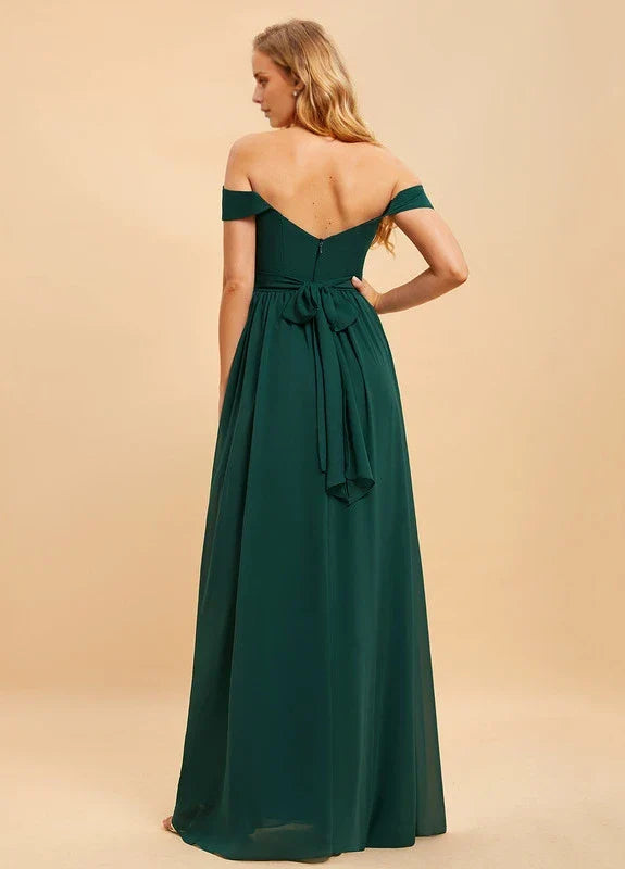 Elegant A-Line Off-Shoulder Deep V-Neck Chiffon High-Slit Bow Back Maxi Evening Dress
