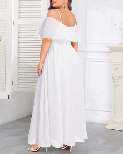 Elegant A-Line Off-Shoulder Flutter-Sleeve Elastic-Waist High-Slit Maxi Evening Dress