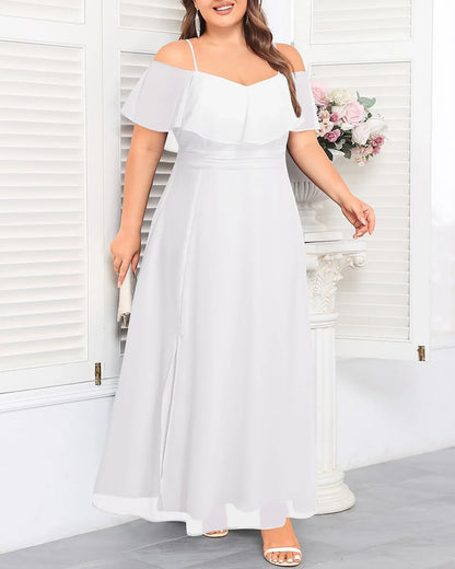 Elegant A-Line Off-Shoulder Flutter-Sleeve Elastic-Waist High-Slit Maxi Evening Dress