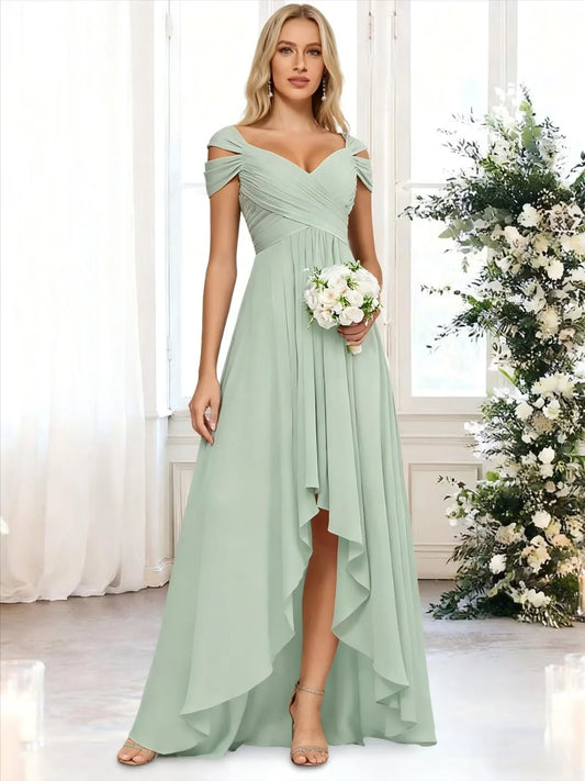 Elegant A-Line Off-Shoulder Flutter-Sleeve Lace-Up-Back High-Low Maxi Evening Dress