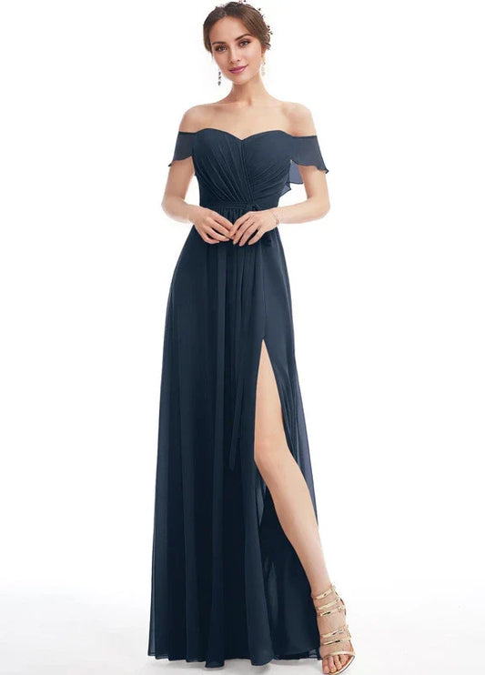 Elegant A-Line Off-Shoulder Flutter Sleeve Ruched High-Slit Chiffon Maxi Evening Dress with Open Back