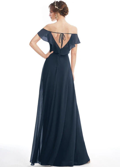 Elegant A-Line Off-Shoulder Flutter Sleeve Ruched High-Slit Chiffon Maxi Evening Dress with Open Back