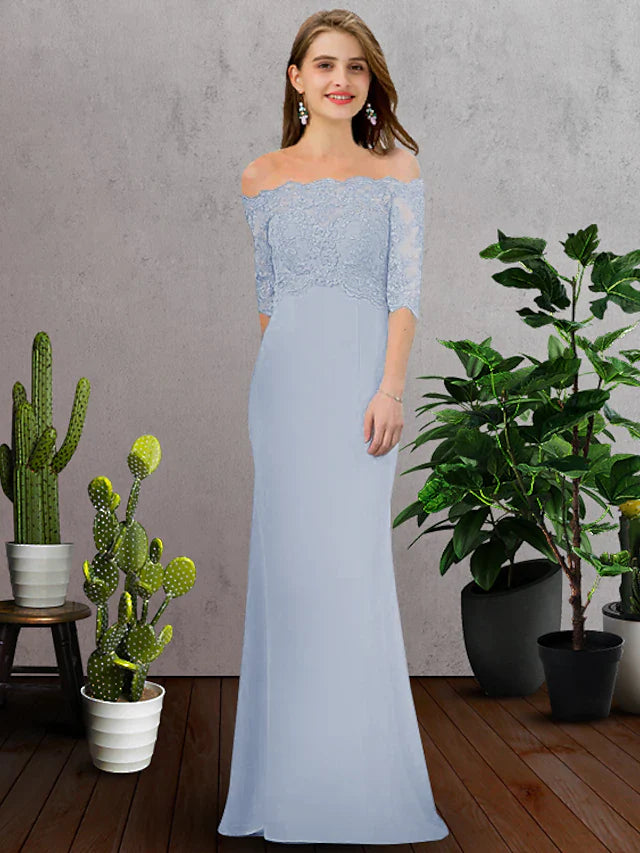 Model wearing an elegant A-line off-shoulder bridesmaid dress with half sleeves and lace appliques.