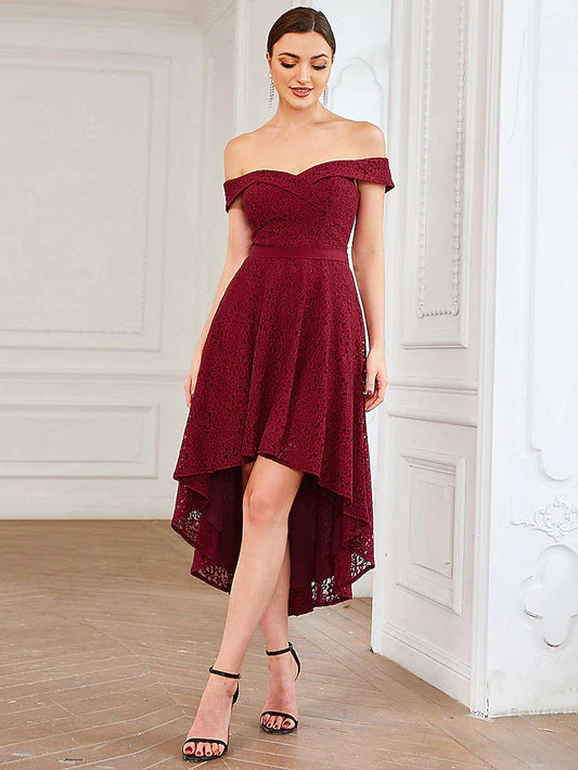 Woman wearing an elegant A-line off-shoulder lace homecoming dress with pleats.