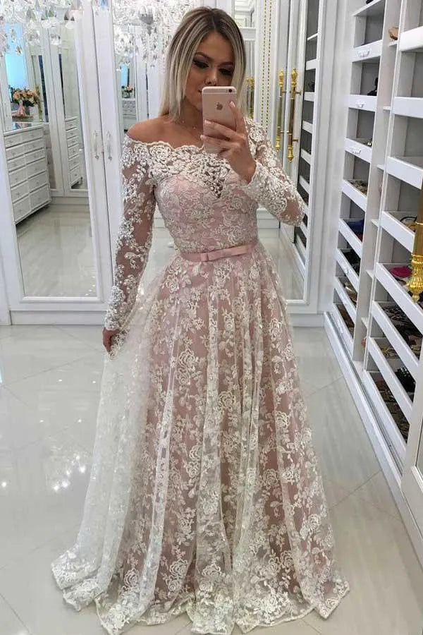 Elegant A-Line Off Shoulder Long Sleeve Button Back Floor Length Wedding Dress