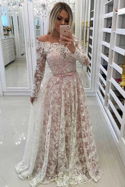 Elegant A-Line Off Shoulder Long Sleeve Button Back Floor Length Wedding Dress