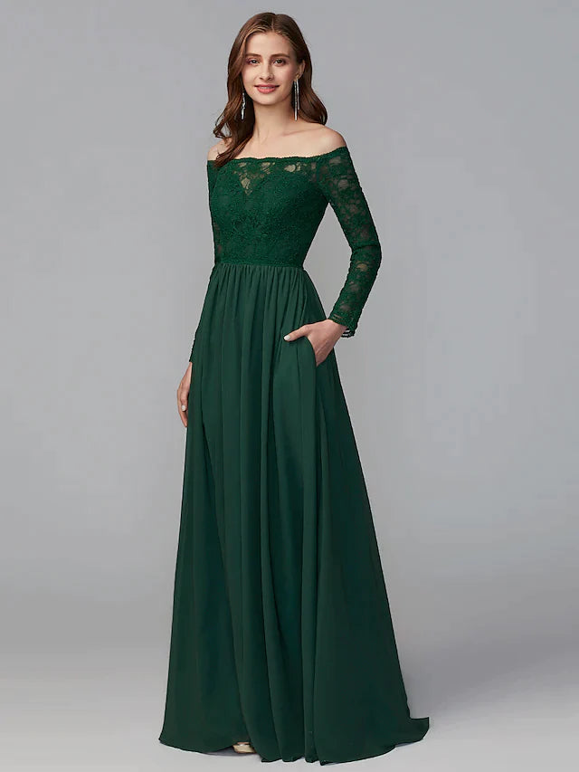 Elegant A-line bridesmaid dress with off-shoulder neckline and long lace sleeves.