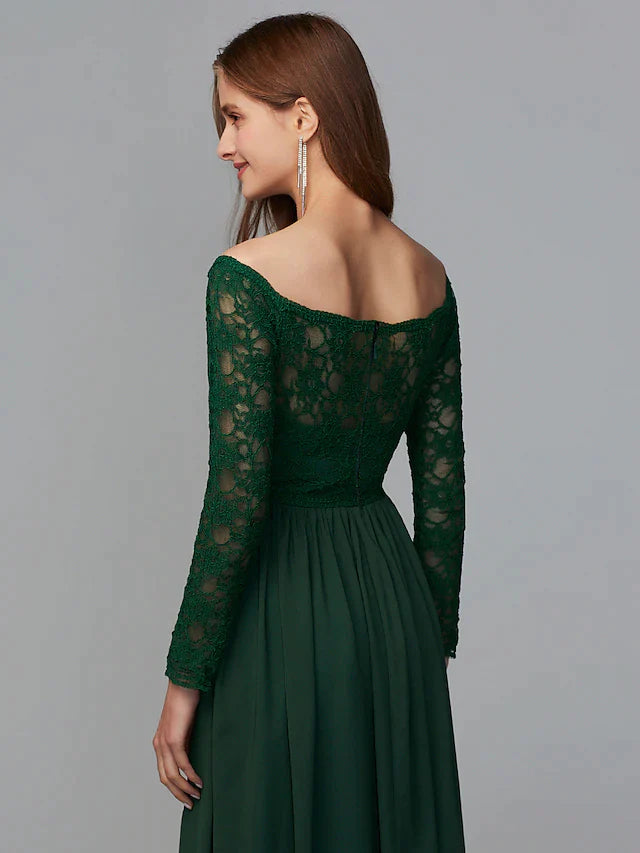 Close-up of the off-shoulder lace bodice and long chiffon sleeves of the bridesmaid gown.