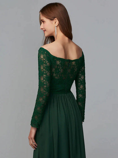 Close-up of the off-shoulder lace bodice and long chiffon sleeves of the bridesmaid gown.