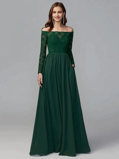 Floor-length A-line bridesmaid dress in chiffon and lace, showing the full silhouette.