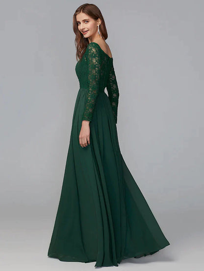 Back view of the elegant A-line bridesmaid dress with long sleeves and lace details.