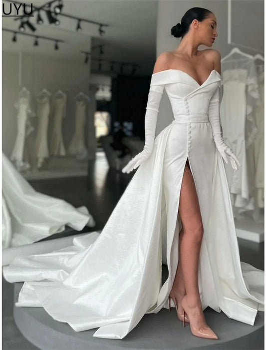 Elegant A-line off-shoulder long sleeve satin evening gown with a high slit and court train.