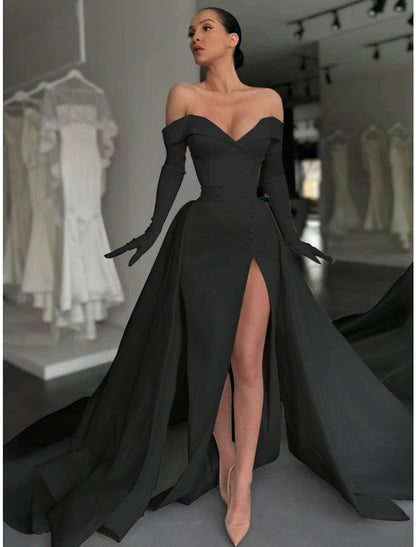 Front view of the elegant satin gown, highlighting the A-line silhouette, pleats, and thigh-high slit.