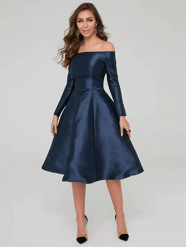 Woman wearing an elegant A-line off-shoulder long sleeve satin dress with pleats, knee-length.