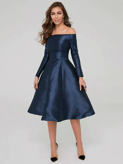 Woman wearing an elegant A-line off-shoulder long sleeve satin dress with pleats, knee-length.