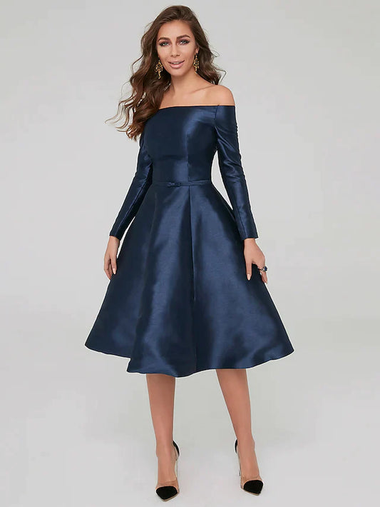 Woman wearing an elegant A-line off-shoulder long sleeve satin dress with pleats, knee-length.
