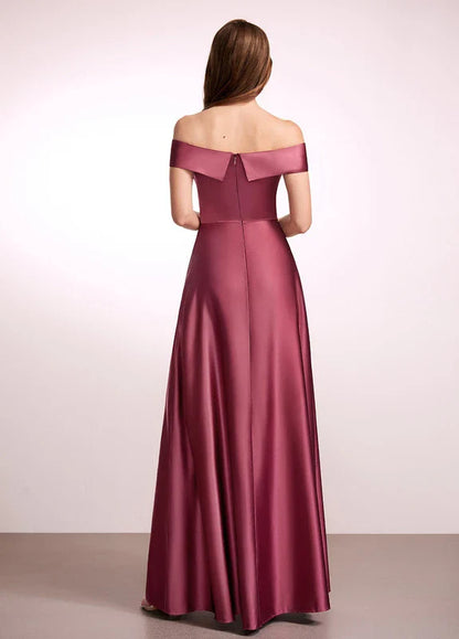 Elegant A-Line Off-Shoulder Satin High-Slit Maxi Evening Dress with Pockets