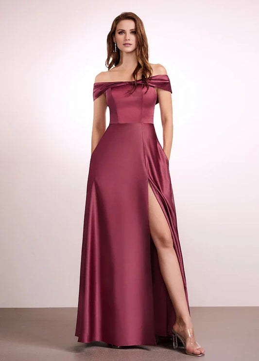 Elegant A-Line Off-Shoulder Satin High-Slit Maxi Evening Dress with Pockets