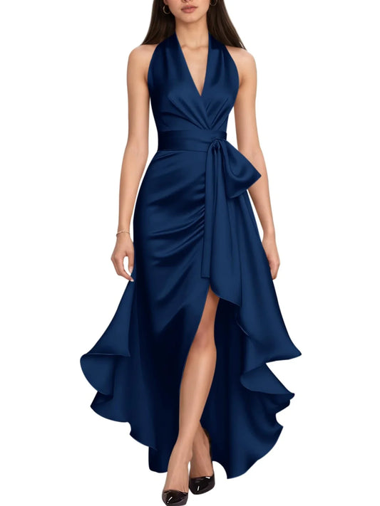 Gorgeous Halter Neck Sleeveless Tie Back High Low Evening Dress