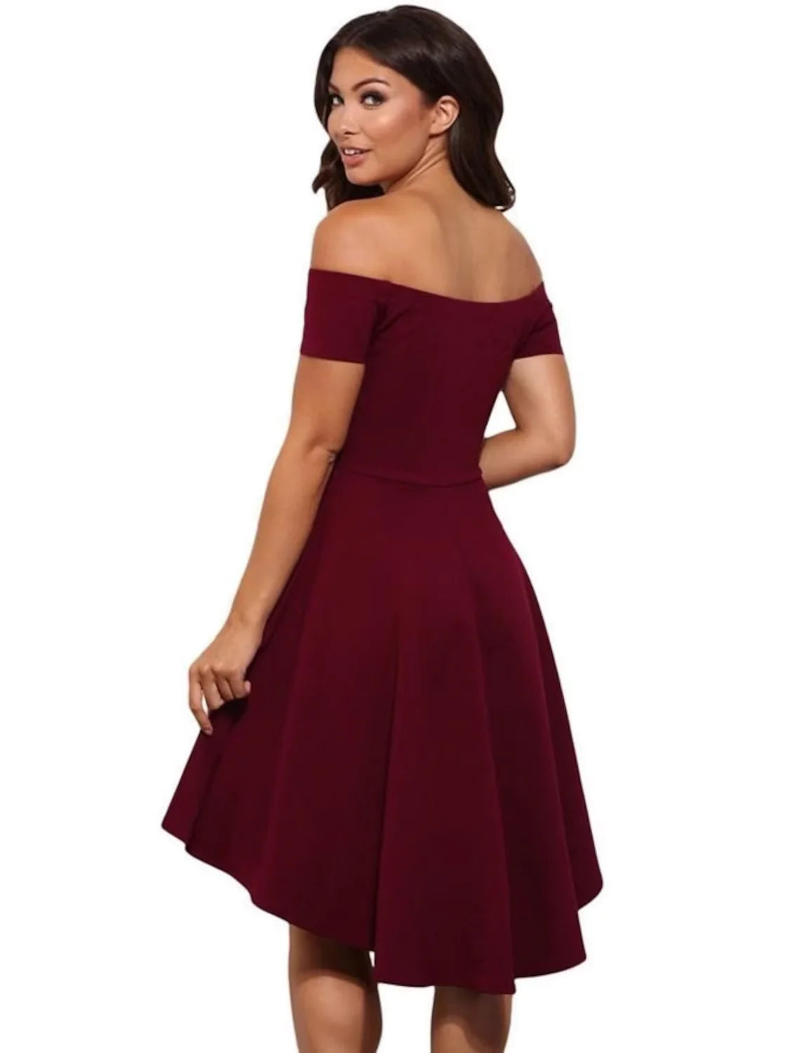 Back view of a woman in an A-line off-shoulder short sleeve satin party dress.