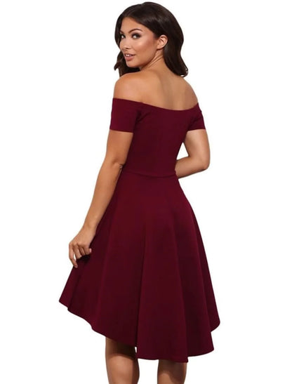 Back view of a woman in an A-line off-shoulder short sleeve satin party dress.