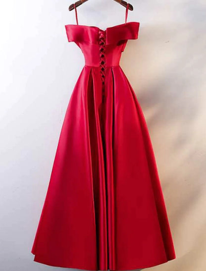 Side view of the A-line off-shoulder satin dress, highlighting the short sleeves and ruched details.