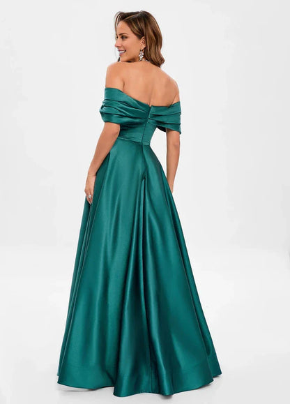 Elegant A-Line Off-Shoulder Sweetheart Neck High-Slit Satin Maxi Evening Dress