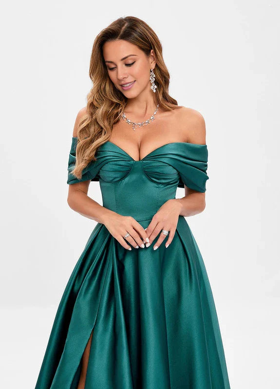 Elegant A-Line Off-Shoulder Sweetheart Neck High-Slit Satin Maxi Evening Dress
