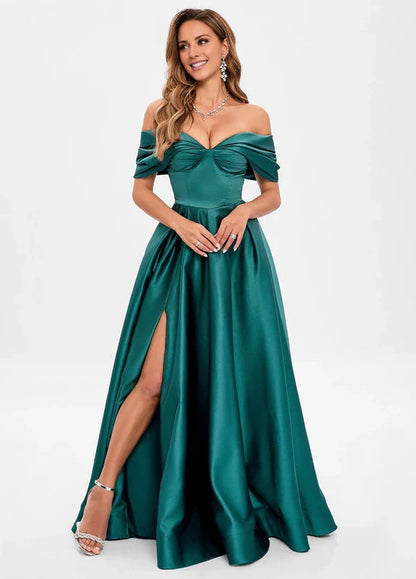Elegant A-Line Off-Shoulder Sweetheart Neck High-Slit Satin Maxi Evening Dress